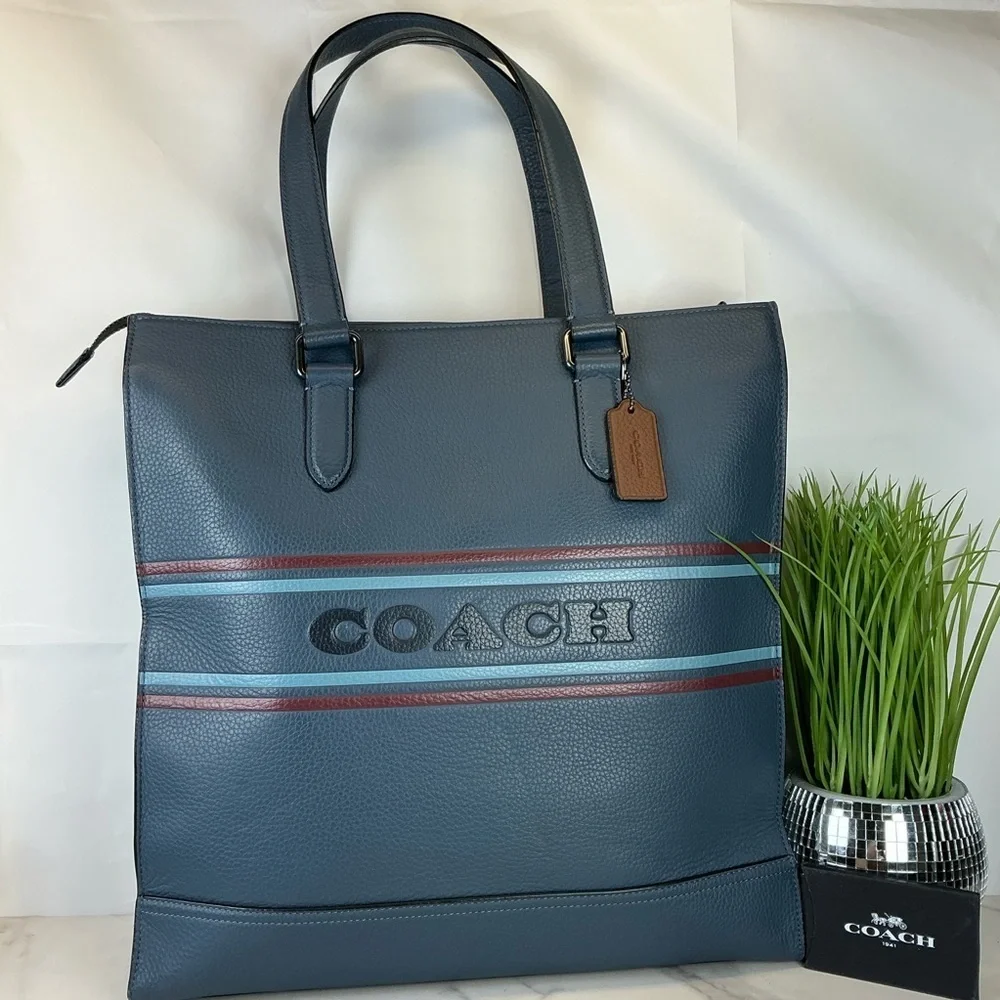 Coach Unisex Graham Stripe Blue‎ Leather Large Tote Shoulder Bag Work Laptop